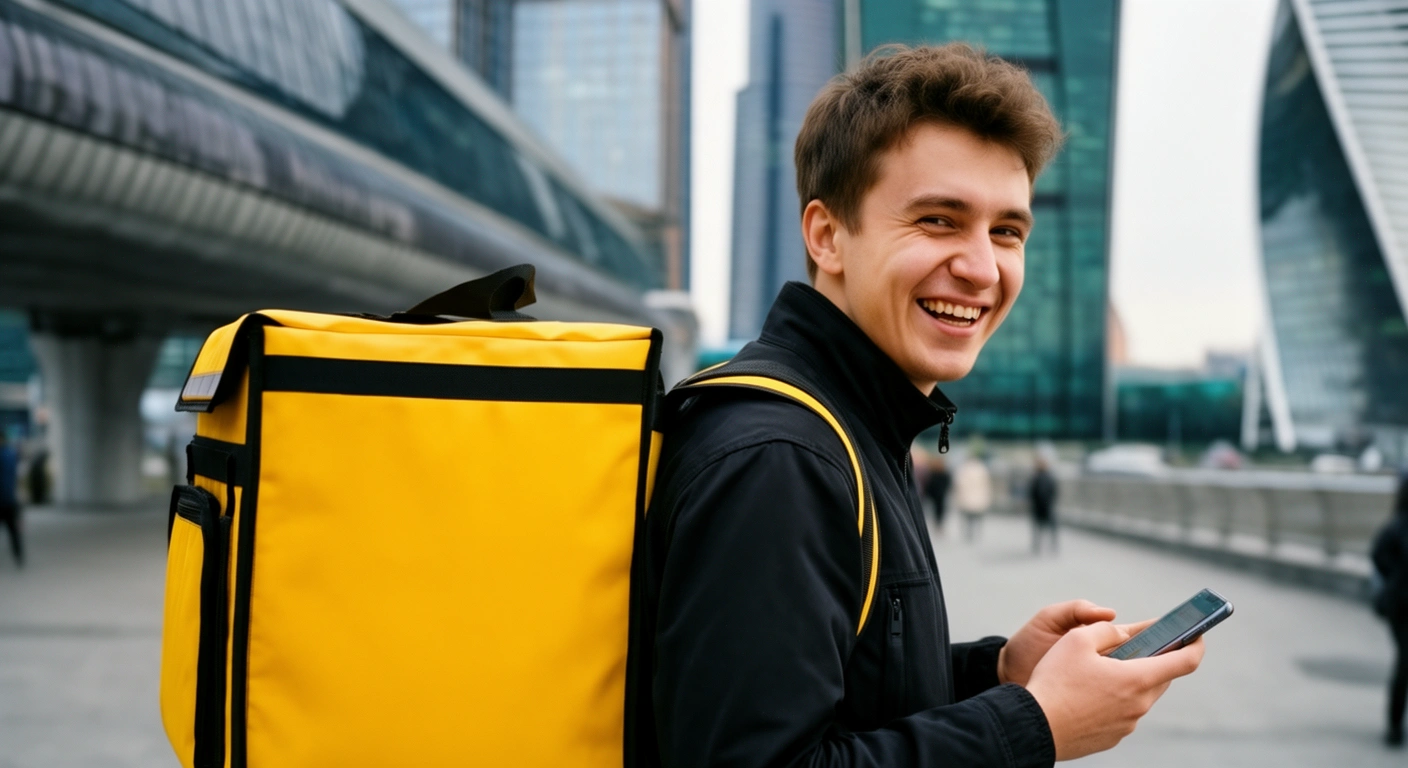 Курьер Яндекс Еда с термосумкой и смартфоном